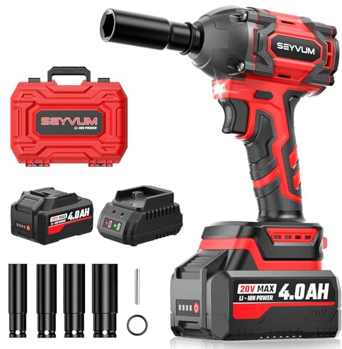 SEYVUM Akku Schlagschrauber mit 4.0Ah akkus,schlagschrauber akku,1/2 Zoll Bürstenloser Schlagschrauber mit LED-Licht für Autoreifen, Gerüstbau und Automobilmontage, 4 Stecknüsse, Schnellladegerät