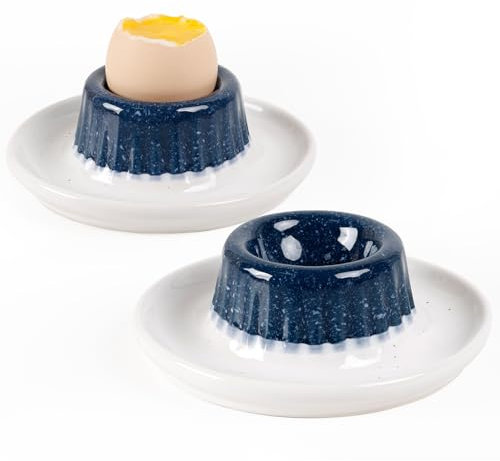 INGOFIN 2 Pcs Ceramic Egg Cups, Soft Boiled Egg Holders Set, Classic Porcelain Stackable, Easy to Clean Tray, Decorative Serving Dish for Breakfast, Easter or Kitchen, Starry Blue&Beige