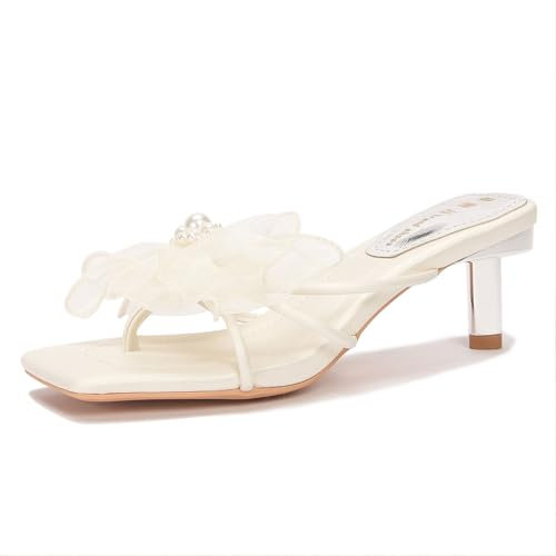 FHVCMTG High Heels Damen Sandalen High Heels Schleife Netzstoff Quadratisch Offene Zehen Kitten Heel Slipper Party Abendschuhe 5 Cm,White,37