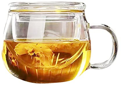BYYLECL 350ml Glass Tea Infuser Cup, Glass Teacups with Strainer and Lid, Clear Borosilicate Glass Mug Glass Cups for Blooming Tea, Loose Tea Brewing 3-Pcs Bottle Cap Set
