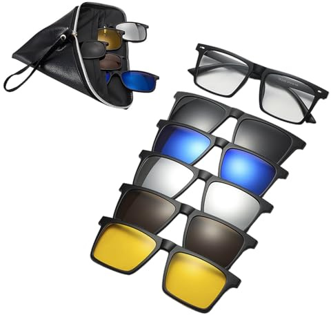 Tissting 2025 Nouvelles Lunettes de Soleil Clip Magnétique avec 3 Clips Verres Polarisés et 2 Clip Normal, TR Cadre Carré de Lunettes, Rétro Clip Sur Les Lunettes de Conduite de Nuit
