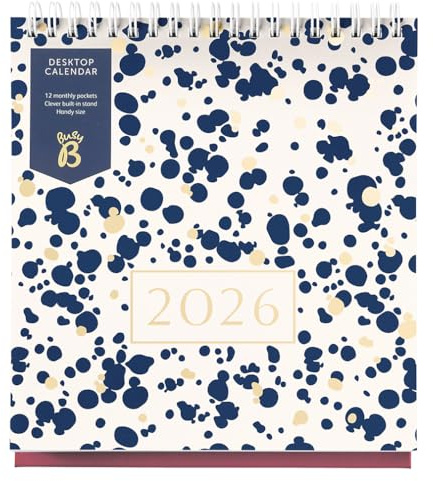 Busy B 2026 Desk Calendar – Jan to Dec, Navy Spray 2026 Calendar with Built-in Stand & Flip-Top Binding Dessk Calendar for Office or Home - Year Planner with Pockets for Organised Planning