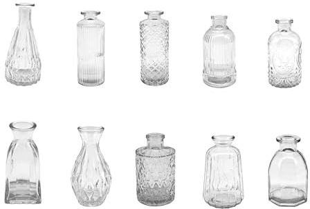 Relaxdays Vaser set om 10, strukturerad, vintage-design, glas, H: 10–14,7 cm, små dekorativa vaser för bordsdekoration, transparent