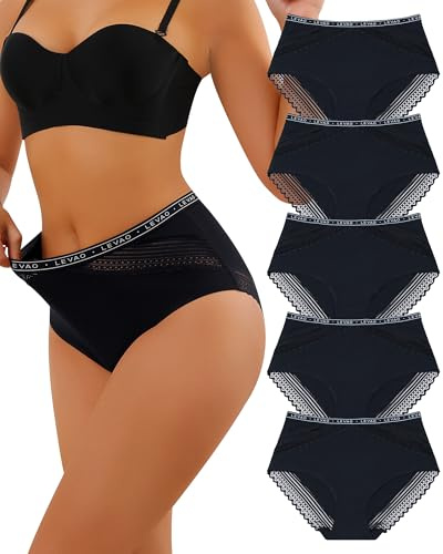 Levao Culotte Femme Coton Slip Féminins Taille Haute Dentelle sous-Vêtements Doux Confort Feminins Panties Shorty Lot De 5 S-XXL
