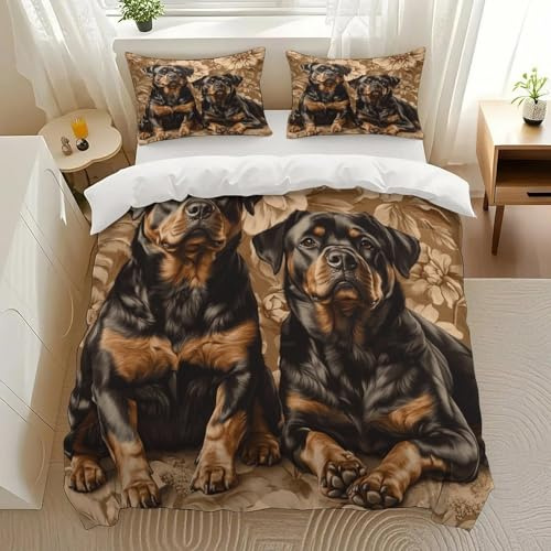 Askdfdf Rottweiler Duo Bedding Comforter Sets Bedding Set 3 Pieces (1 Duvet Cover 2 Pillowcases) with Zipper Closure Lightweight
