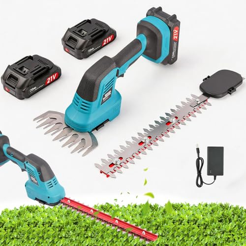 Tagliasiepi a Batteria 2 in 1 con 2 Batterie 2000mAh,2 Lame | Taglia Siepe Giardino a Batteria con Blocco di Sicurezza, Tagliasiepi Elettrico per Siepi, Bordi e Prato