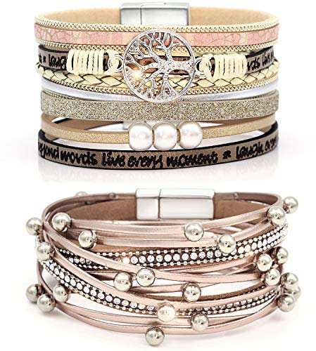 Suyi Mehrschichtiges Lederarmband-Set 2 Stück Perlen Wickelarmband Armbänder Mit Handgelenksmanschette Und Magnetschnalle Für Frauen Rosegold