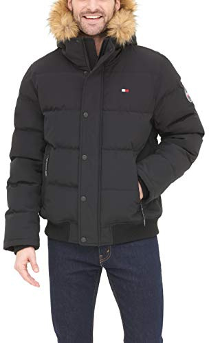 Tommy Hilfiger Men's Arctic Cloth Quilted Snorkel Bomber Jacket Parka, Black, XL
