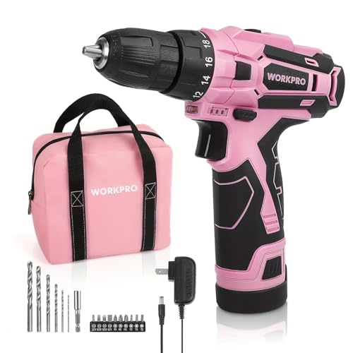 WORKPRO Pink Cordless Drill Driver Set, 12V Electric Screwdriver Driver Tool Kit, 3/8 Keyless Chuck, Charger and Storage Bag Included - Pink Ribbon