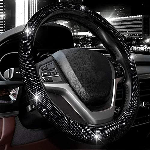 Valleycomfy Housse de Volant pour Homme et Femme – Protection de Volant à Strass étincelants pour Voiture SUV – Ajustement Universel de 38,1 cm (Noir avec Strass Noir, Taille Standard (35,6-38,7 cm)