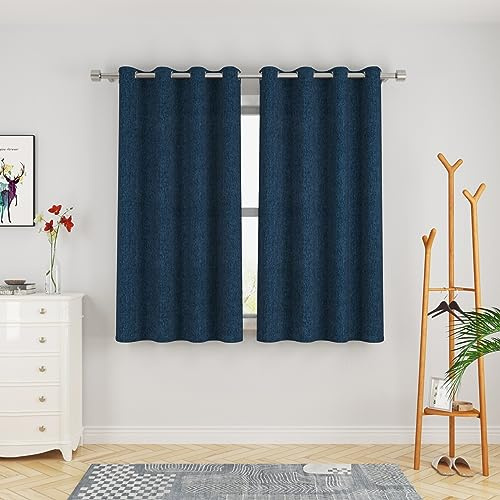 UPOPO Curtains 63 inches Long Kitchen Linen Textured Privacy Semi Sheer Navy Blue Living Room Bedroom Drapes Window Curtains Basement Curtain Panels Grommet Top 2 Pieces
