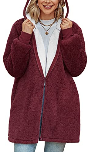 TOMEEK Veste Polaire Femme Chaud Sweat à Capuche Zippée à Capuche Hoodies Sweatshirt avec Poches Longues Manteau Femme Veste à Manches Automne Hiver, Vin rouge, Taille L