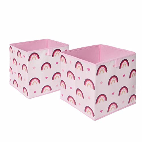 OHS Pack of 2 Rainbow Print Kids Storage Toys Games Box Clothing Space Saving Foldable Organiser Cube, Blush Pink