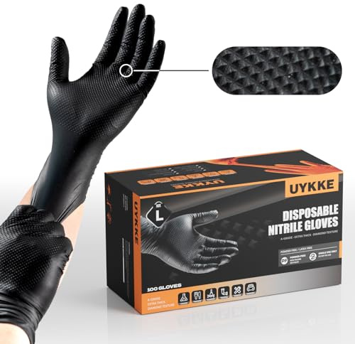 UYKKE 10mil Nitrile Gloves Thick,Industrial Disposable Cooking Gloves with Diamond Textured,Heavy Duty Mechanic Glove,Latex Free (100, Medium)