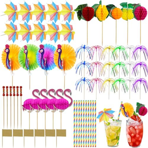 Samulee 150 Stück Cocktail Deko,Cocktail Party Zubehör,Bunte Cocktail Party Dekorationen mit Papier Schirmchen,Regenbogen Strohhalm, Feuerwerk Spieße für Geburtstag Hochzeit Sommer Strand Party