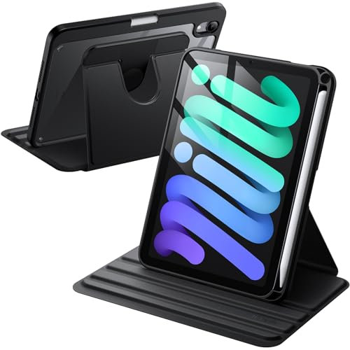 JETech Rotierende Hülle für iPad Mini (A17 Pro, 2024 Modell, 7. Generation) / Mini 6 (2021 Modell, 6. Generation) mit Stifthalter, Schutzhülle Ständer Transparente Rückseite (Schwarz)