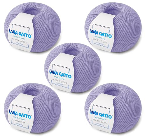 Gomitoli per maglia e uncinetto 100% Pura Lana Vergine Merino Extrafine by Lana Gatto, Made in Italy. Linea Super Soft, lana di qualità superiore, 250 g. 625 mt, (Lilla - 10180, 5)