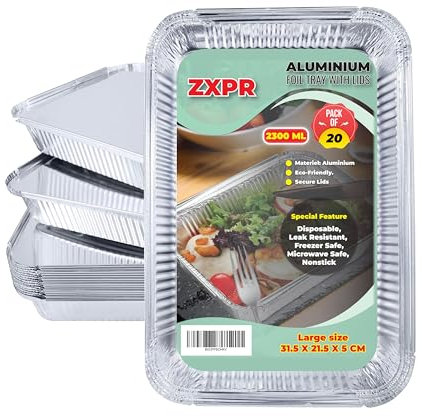 ZXPR Aluminium Foil Trays with Lids - Pack of 20 & 30 Pcs Disposable Foil Food Containers for Food Storage, Baking, BBQ, Roasting, Takeaway and Party (1000ml & 2300ml)