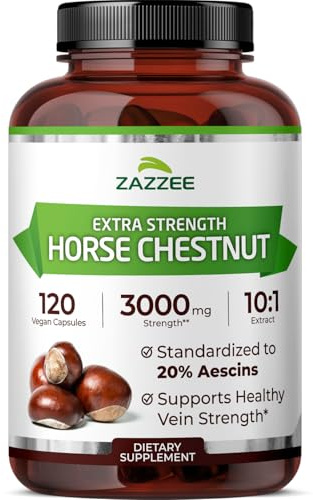 Zazzee Extra Strength Horse Chestnut 10:1 Extract, 20% Aescins, 120 Vegan Capsules, 4 Month Supply, Aesculus Hippocastanum, Healthy Circulation & Blood Flow Support, Non-GMO, Made in the USA