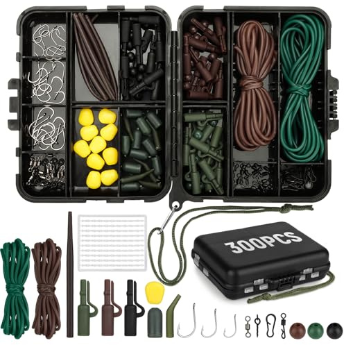 Realure 300 Pcs/20 Types Carp Fishing Tackle Box Set - Including Beads, Rig Tubing, Corn Kernels, Hooks, Safety Clips, Tapered Sleeves, Barrel Swivels, Bait Screw, Line Aligner Sleeves