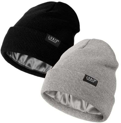 2 Pack Satin Lined Beanie Hats for Men Women Winter Warm Knitted Cuffed Silk Lined Slouchy Skull Cap, Black+Light Grey, One Size
