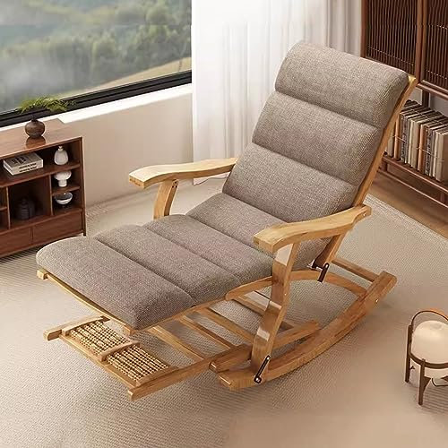 Klappbarer Schaukelstuhl aus Holz, Schaukelstuhl, Liegestuhl, Garten-Relaxsessel für Erwachsene und Senioren, Terrassenstühle mit Fußstütze und Armlehne, ergonomische Rückenlehne verstellbar (Farbe: