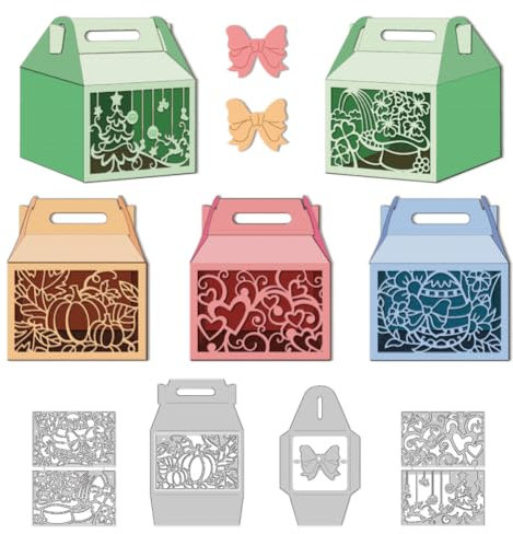 DELORIGIN 3D Gift Box Cutting Dies Festival Gift Bag Dies Cut Metal Die Cuts Embossing Stencils Template with Hollowed-Out Christmas Trees Bows Hearts Easter Eggs for Gift Packaging Christmas Easter