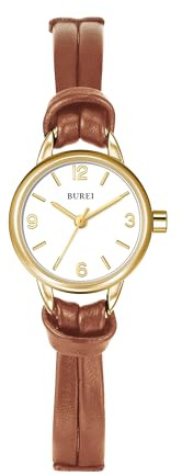 BUREI Mini Uhr Damen Analog Quarz Demenuhr Elegante Armbanduhr Damen mit Lederarmband fur Frauen(Gold Braun)