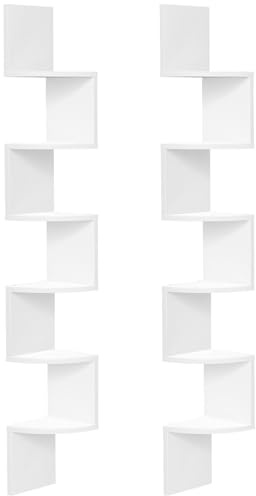 HOOBRO Estantería de Esquina de Pared, Juego de 2, Estantería Esquinera de 6 Niveles, en Zigzag, Ahorro de Espacio, para Sala de Estar, Dormitorio, Comedor, Blanco EWT27BJP201