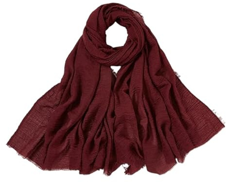 Kiran Fashion Foulard long en viscose froissé style hijab doux et léger avec bords effilochés, bordeaux, L