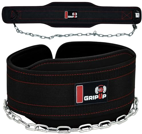 GripUp Dip Belt for Weight Lifting Dipping Gym Belt 31'' Heavy Duty Adjustable Steel Chain 29” Neoprene Padded Back Support Chin Pull Ups Training Powerlifting Bodybuilding Squat