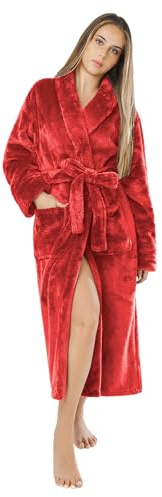 LEBENGOOD Morgonrock Dam Vinter – Mjuk Fleece Badrock med Huva, Lång Varm Ochtendrock i Mikrofiber OEKO-TEX®, Röd, Medel