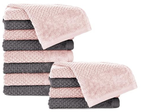Pure Label 12-TLG. Gästehandtücher 30x50 cm mit Aufhängeschlaufe aus 100% Baumwolle, saugstark, weich und Oeko-TEX Zertifiziert - 12 Gästehandtücher Anthrazit | Rosa, 30x50 cm