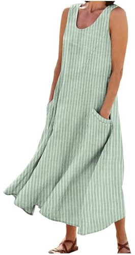 Summer Beach Dresses for Women UK Cotton Linen Maxi Dress Sleeveless Casual Holiday Sundress Boho Solid Color Long Dress Ladies Elegant Loose Tunic Dresses A-Line Swing Sundresses with Pockets Green