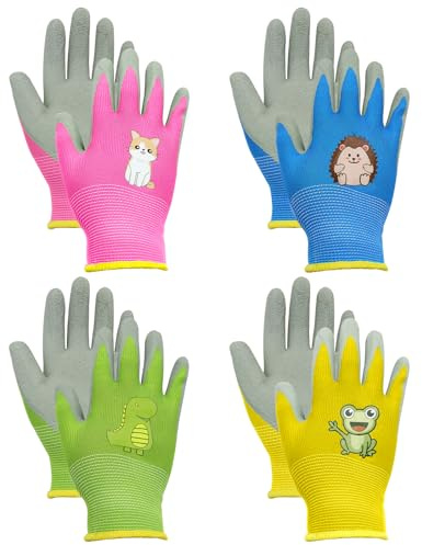 BORISCA 4 paia di guanti da giardinaggio per bambini, 4 colori e motivi guanti da giardinaggio per bambini cartoni animati, guanti da lavoro per bambini, guanti da giardino per bambini da 3 a 5 anni