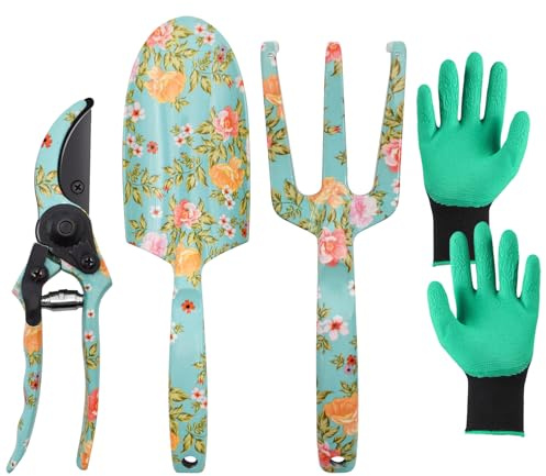 YTACREA Set di 4 Attrezzi Giardinaggio da Casa con Stampa Floreale, Kit Giardinaggio per Donna, Giardinaggio Attrezzi Includono Rastrello a Mano, Vangatrice, Guanti e Cesoie, Set Giardino, Verde