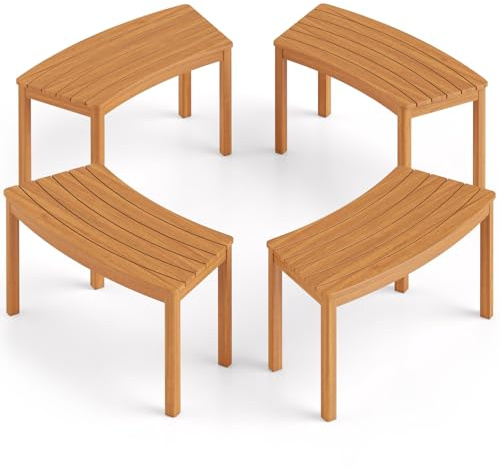 COSTWAY Set da 2 Panchine Curve in Legno di Acacia, Panchina Senza Schienale con Portata 360, Panca da Esterno per Veranda, Terrazza, Giardino e Fuoco da Campo (4)