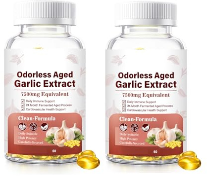 Luktfritt lagrat vitlöksextrakt - 7500mg Luktfritt |2 års mognad|Vitality Support|Lätt att använda (60 Count),2pcs