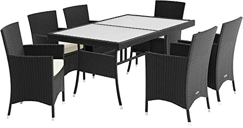 Casaria® Polyrattan Gartenmöbel Set 7- teilig Gartenstühle inkl. 7cm Auflagen 150x90 cm Gartentisch Terrasse Balkon Möbel Sitzgruppe Essgruppe Schwarz