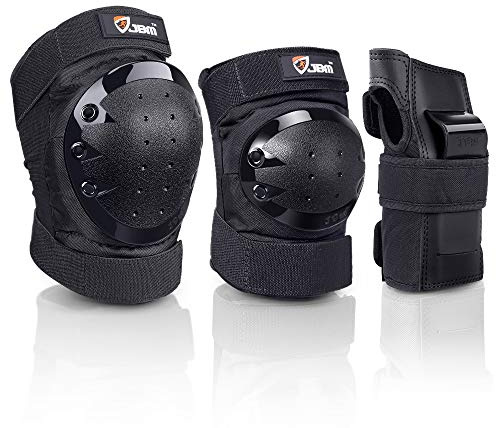 JBM Adult/Youth Knee Pads Elbow Pads and Wrist Guards Full Protective Gear for Skateboarding Skate Inline Riding Beginner Scooter Roller Skater (Black, Adult )