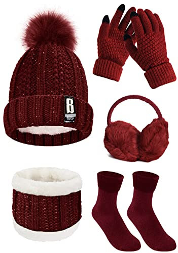 UMIPUBO Women Winter Knitted Hat and Scarf Set Ski Outing Plush Ear warmers Beanie Touch Screen Gloves Earmuffs Stockings for Outdoor Sports (One size, Red wine) (JAD17102007bkeu)