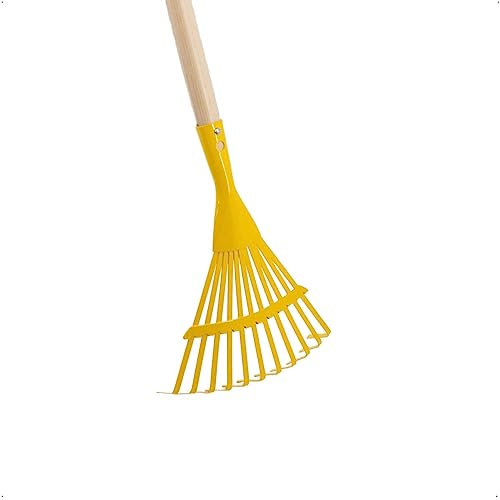 Kinder-Laubbesen aus robustem Metall (11 Zinken, 18,5 cm) - Gelb | Stabiler Holzstiel 76 cm | Gesamtlänge 97 cm | Fächerbesen & Rasenbesen für Kinder