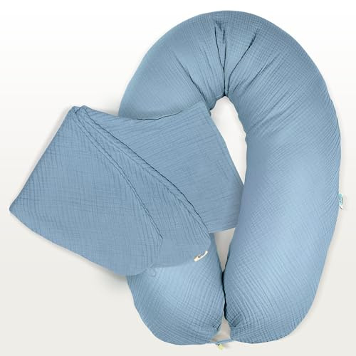 sei Design Federa per cuscino da allattamento in 100% cotone organico, rivestimento per cuscino da allattamento, cuscino per gravidanza, cuscino per chi dorme sul fianco, 190 x 30 cm, mussola oceano