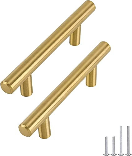 Goldenwarm 5Pack Gold Kitchen Handles 96mm Hole Centers Gold Handles for Drawer, Stainless Steel Modern Style