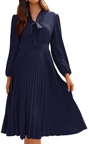 GRACE KARIN Women's Autumn Winter Pleated Bow Tie V-Neck Elegant Evening Dress with High Waist Navy Blue 44