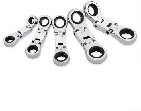 Zilimontt 5Pc Flex-Stubby Ratcheting Combination Wrench, Dual Drive Flex Small Ratchet,Double Box End Ratchet Spanner Mini Wrench Set,12 Point Double End Spanner