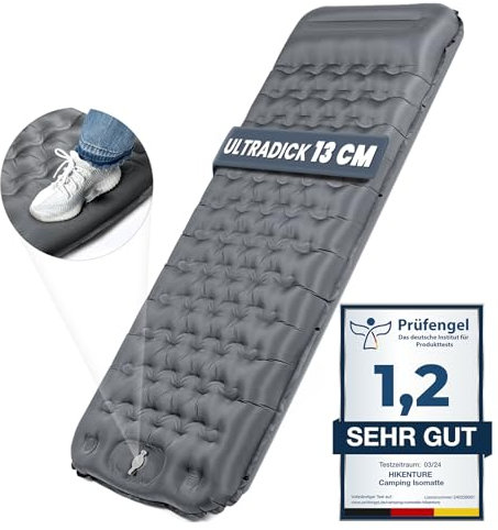HIKENTURE Isomatte Selbstaufblasend, 13CM Ultradicke Isomatte Camping mit Kissen, Aufblasbare Luftmatratze Kleines Packmaß, Ultraleichte Schlafmatte mit Fußpumpe für Outdoor, Wandern, Zelt