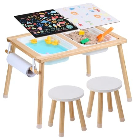VEVOR Sensory Table and Chairs Set, Toddlers Activity Table with 2 Stools, 2 Storage Bins & Paper Roll Holder, Indoor/Outdoor Play Sand and Water Table, Wooden Kids Sensory Table - Gift for Boys Girls
