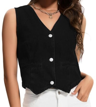 Women's Vintage Denim Vest 2025 Lightweight Cropped Waistcoat with V-Neck & Back Slit Jean Button Down Gilet