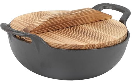 Riuulity 14 Inch Cast Iron Wok, Wooden Handle, Lightweight for Chinese Japanese Cooking, Stir Fry Pan with Wooden Lid, Flat Base for Steaming,Deep Frying Pan, Grilling (20cm)